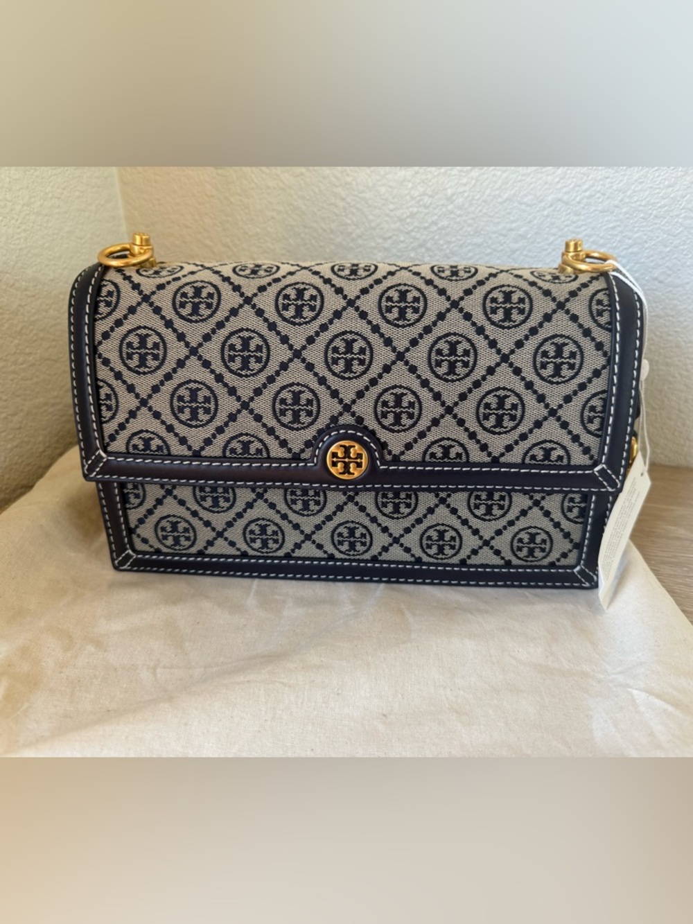 Tory Burch Beige and Navy Monogram Shoulder Bag with Gold Accent